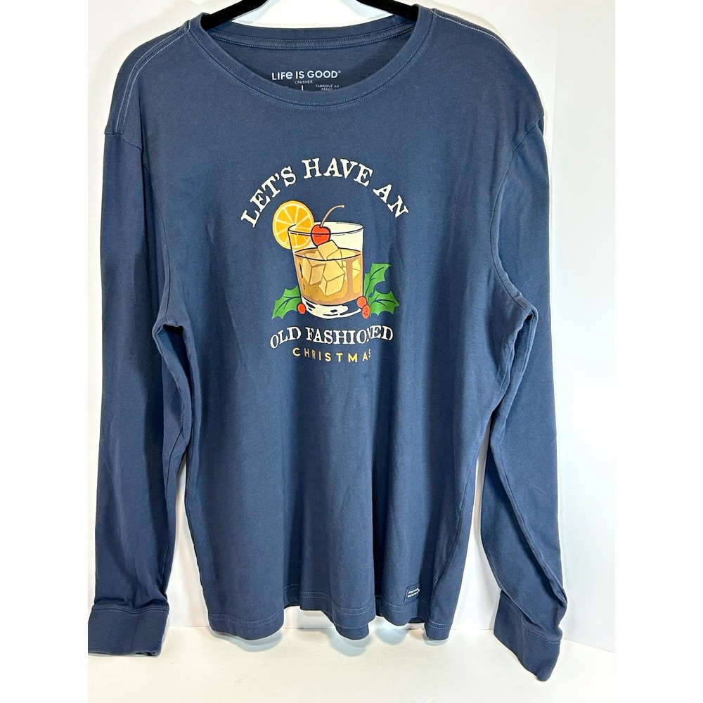 Life is Good Crusher Tee Men's L Blue Long Sleeve Crew Neck Christmas